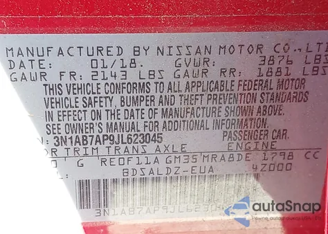 2018 Nissan Sentra Sv z USA, uszkodzony, nr VIN 3N1AB7AP9JL623045